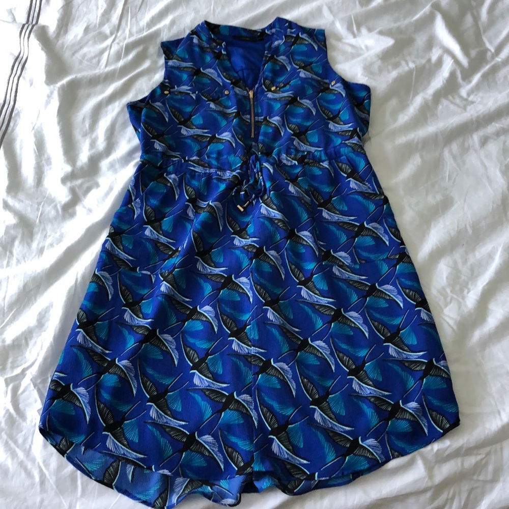 Bird Patterned Blue Dress with Gold Accents